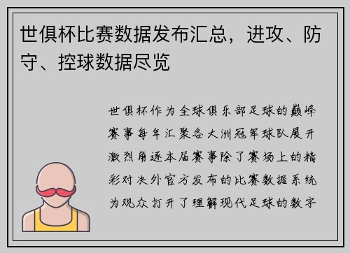 世俱杯比赛数据发布汇总，进攻、防守、控球数据尽览