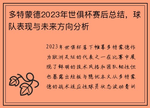 多特蒙德2023年世俱杯赛后总结，球队表现与未来方向分析