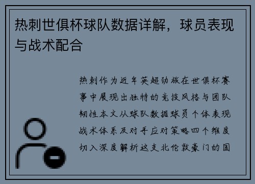 热刺世俱杯球队数据详解，球员表现与战术配合