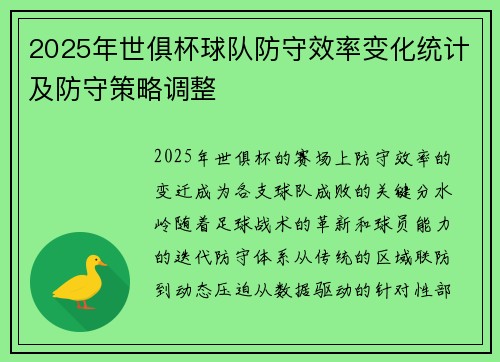2025年世俱杯球队防守效率变化统计及防守策略调整