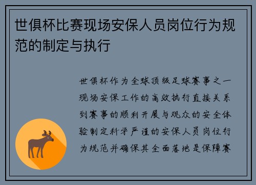 世俱杯比赛现场安保人员岗位行为规范的制定与执行